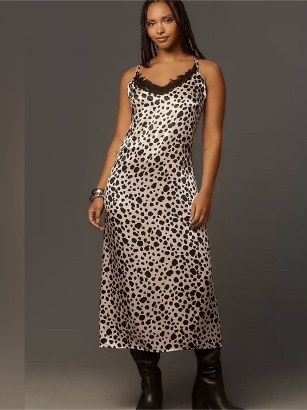 ANTHROPOLOGIE | Silky Animal Print Slip Dress with Lace Trim - Black & Cream